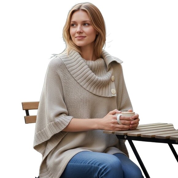 Quinn Womens Acrylic Poncho Sweater With Button Cowl Neck Beige Size S - Picture 1 of 9